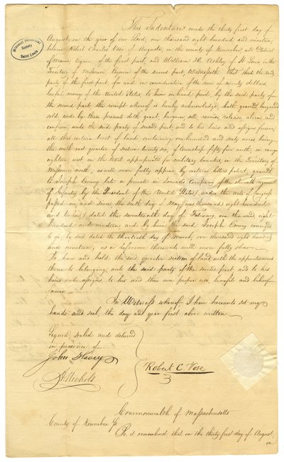 Land umfasst das südöstliche Viertel von Abschnitt 26, Township 55 Nord, Bereich 18 West, im für militärische Prämien reservierten Gebiet im Missouri-Territorium von Unbekannt Unbekannt